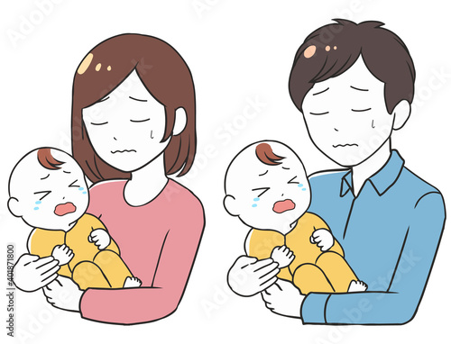 泣く赤ちゃんと親　悩む
