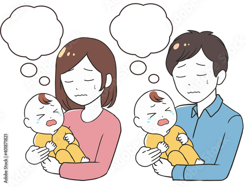 泣く赤ちゃんと親　悩む　吹き出し