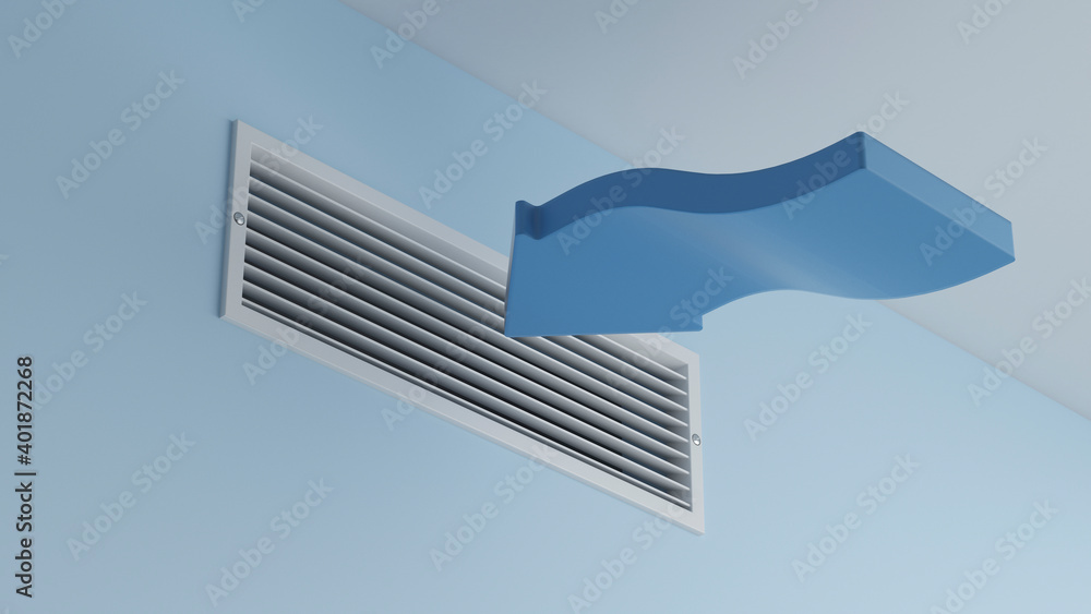 Ventilation grille and blue wall with arrow, 3d illustration - obrazy, fototapety, plakaty 