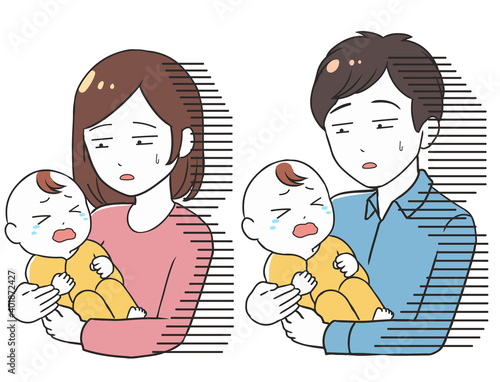 泣く赤ちゃんと親　落ち込み　ギャグ調