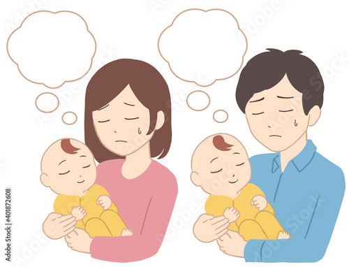 赤ちゃんと親　悩む　吹き出し(線無し)