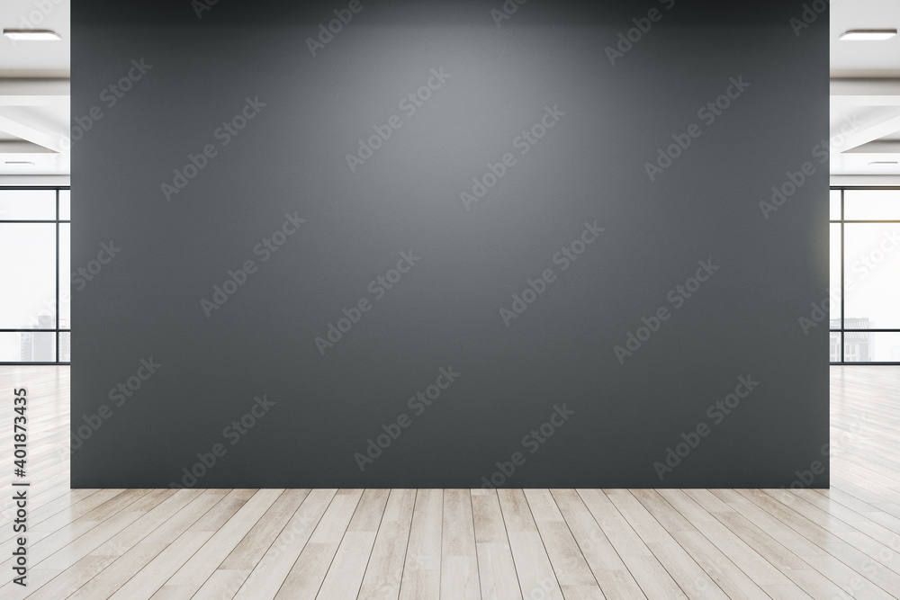 New gallery interior with empty black poster New gallery interior with empty black poster