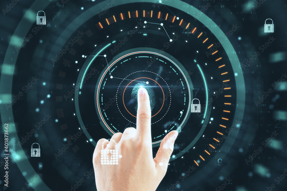 Hand using finger print interface on virtual screen. Hand using finger print interface on virtual screen.