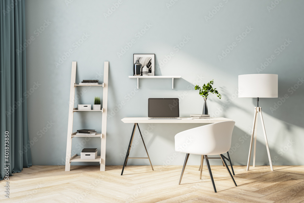 Comfortable home office with laptop on table Comfortable home office with laptop on table