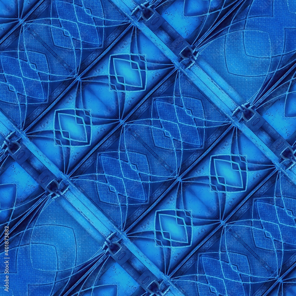 intricate geometric welded metal security gate pattern and 3D designs in bright blue colours