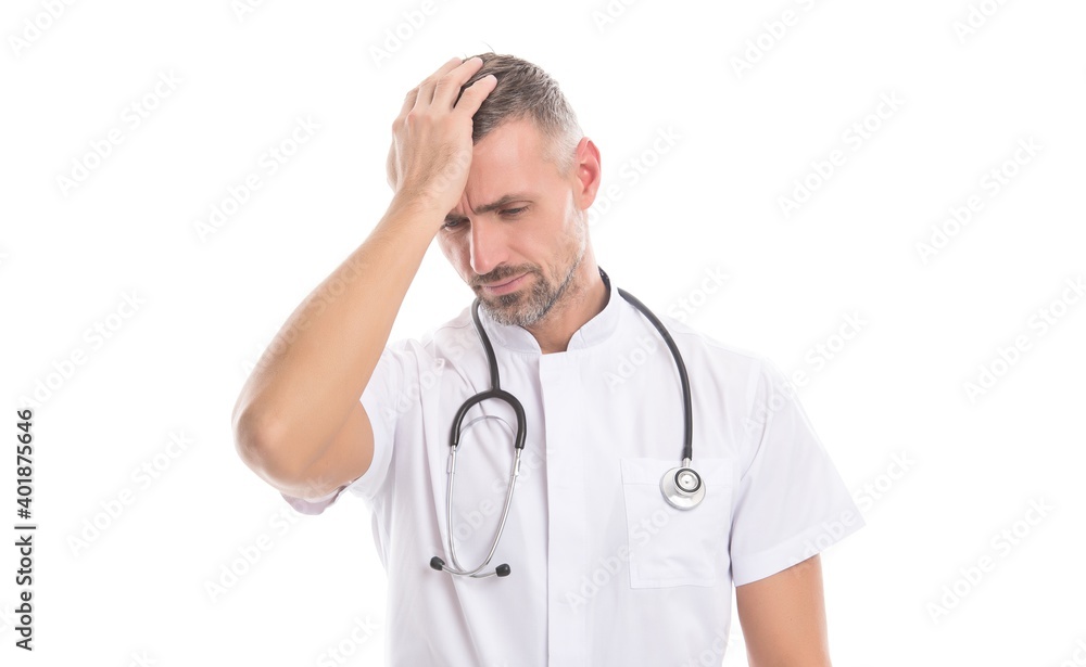 man family doctor or nurse with stethoscope isolated on white having headache, migraine and fever man family doctor or nurse with stethoscope isolated on white having headache, migraine and fever