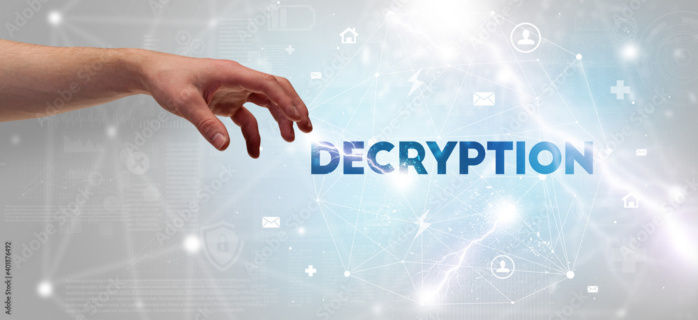 Hand pointing at DECRYPTION inscription, modern technology concept