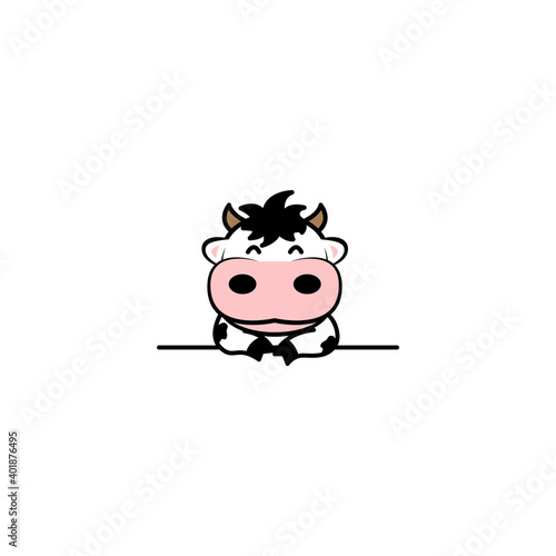 Cute cow smiling over wall cartoon, vector illustration