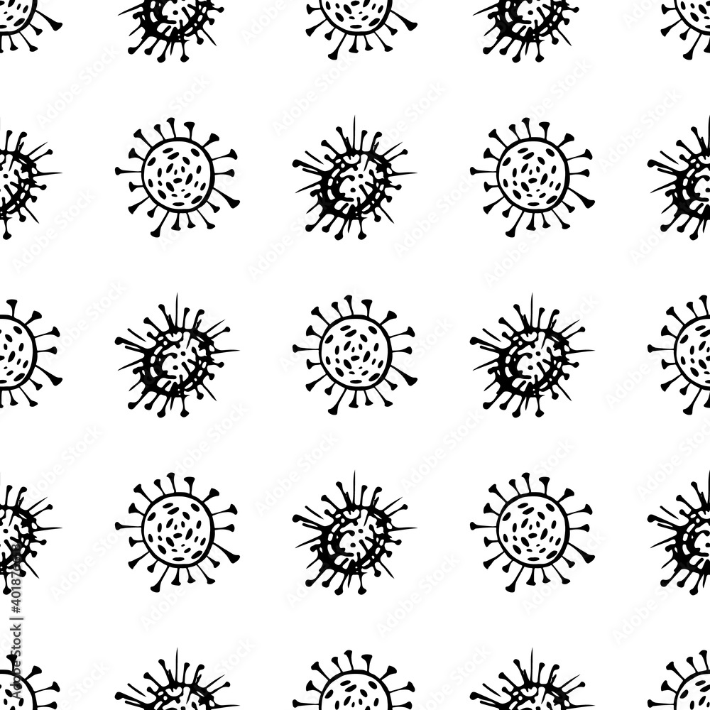 Seamless pattern of coronavirus microbes. Coronavirus 2019-nCoV. Doodle simple line elements from a medical concept. Editable vector stroke microbe. Virus, bacteria. Hand drawn illustration.