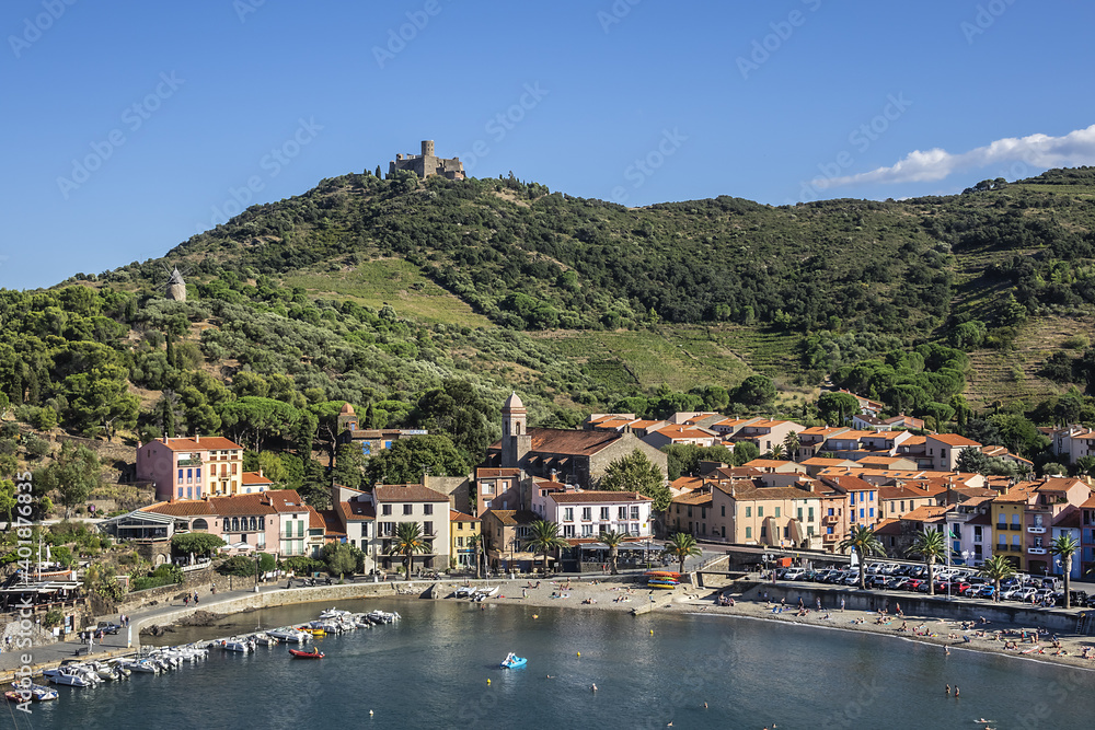 Scenic view village of Collioure on the coast of the Mediterranean Sea in south of France. Collioure, Roussillon, Vermilion coast, Pyrenees Orientales, France.