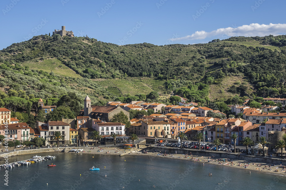 Scenic view village of Collioure on the coast of the Mediterranean Sea in south of France. Collioure, Roussillon, Vermilion coast, Pyrenees Orientales, France.