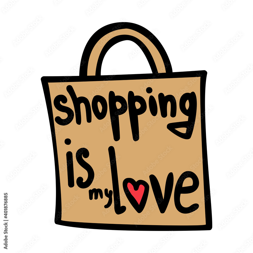 Shopping my love, brown doodle shopping bag with lettering and heart, for sale or poster