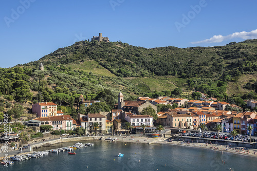 Scenic view village of Collioure on the coast of the Mediterranean Sea in south of France. Collioure, Roussillon, Vermilion coast, Pyrenees Orientales, France.