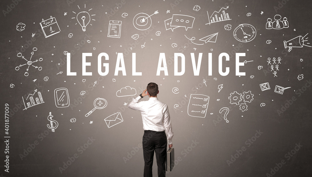 Rear view of a businessman with LEGAL ADVICE inscription, modern business concept Rear view of a businessman with LEGAL ADVICE inscription, modern business concept