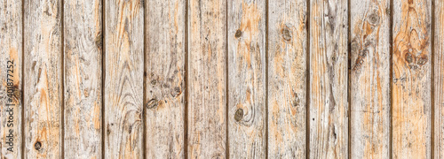 Panoramic wood texture. Wooden desk pattern. Wood panoramic view. Rustic tree desk with knots pattern. Countryside architecture wall. Village building construction. Wood industry texture.