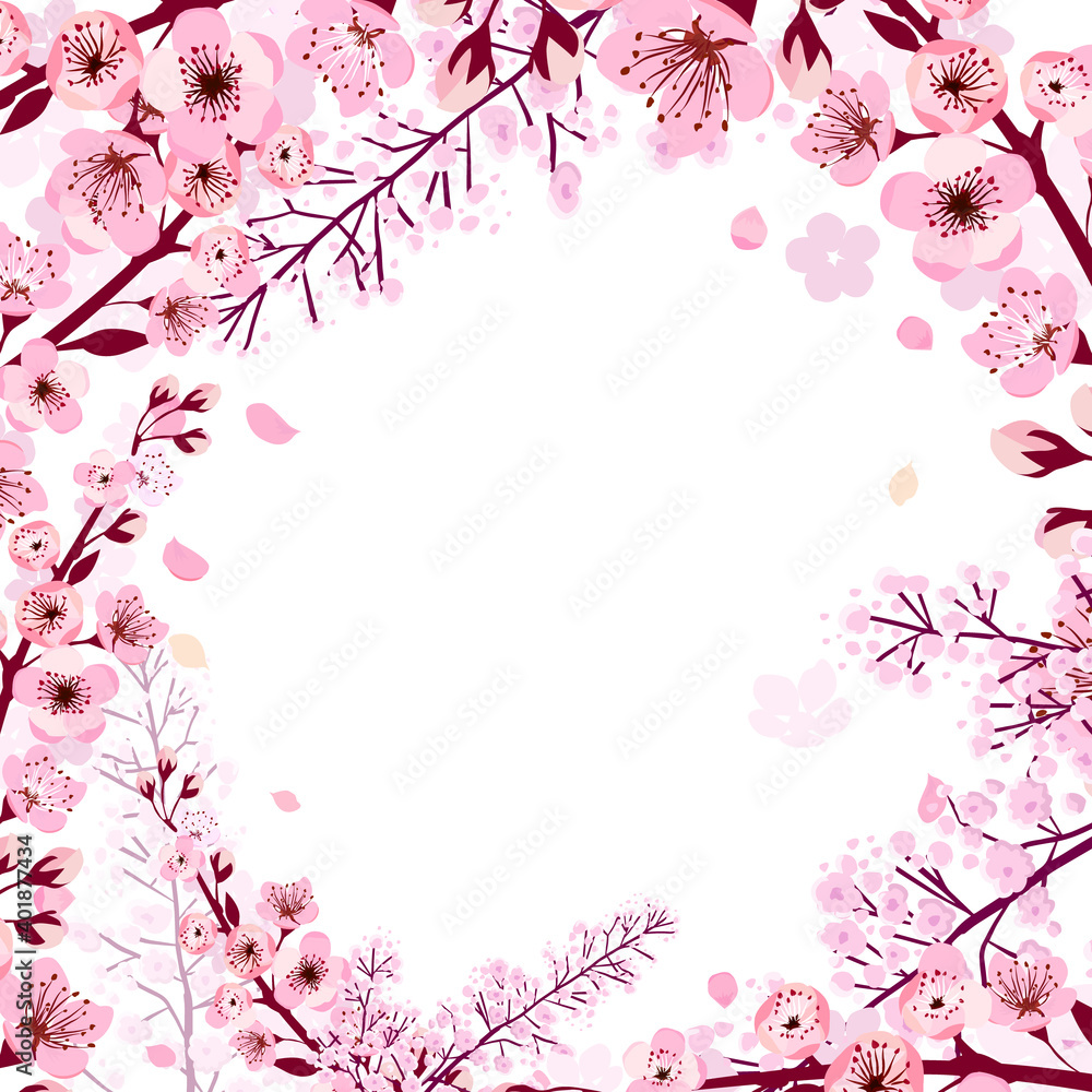 A square frame of cherry blossom branches. Vector illustration