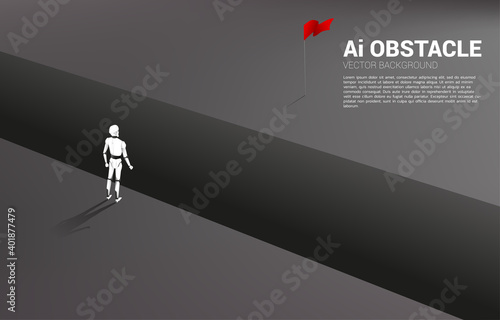 Silhouette of robot standing at abyss looking to goal. coconcept of artificial intelligence and machine learning worker technology