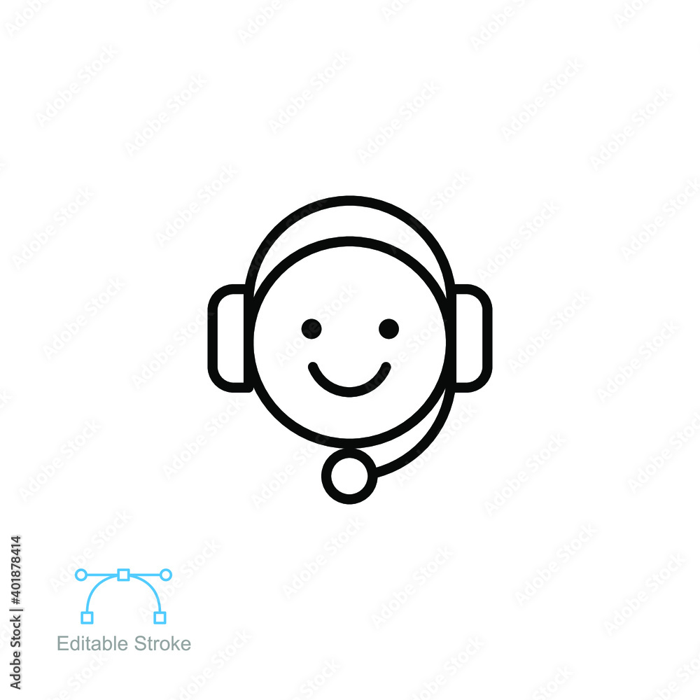 Call center operator vector line icon, Happy operator symbol Hotline service support in headset. Assistant callback Help center editable stroke vector illustration design on white background EPS 10