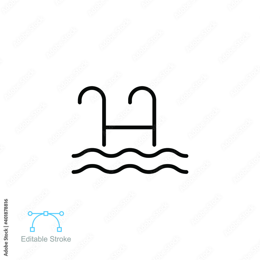 Swimming pool ladder icon. Stairs to the pool for mobile, web apps. thin simple logo in line style. staircase in water pictogram. Editable stroke Vector illustration. Design on white background EPS 10 Swimming pool ladder icon. Stairs to the pool for mobile, web apps. thin simple logo in line style. staircase in water pictogram. Editable stroke Vector illustration. Design on white background EPS 10