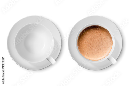 Vector 3d Realistic White Porcelain Ceramic Mug Empty and with Milk Coffee and Foam Set Isolated on White Background. Capuccino, Latte. Vector illustration. Design Template for Mockup. Top View