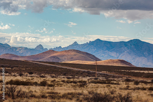 The view of the Dragoon mountains from a rural highway in southern Arizona. © Dennis