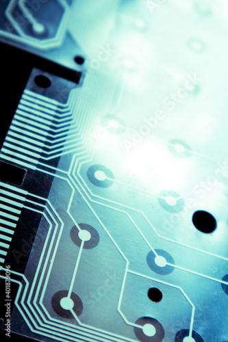 Electronic flex circuit board  dismantled computer keyboard. Abstract, conceptual, artistic design. 