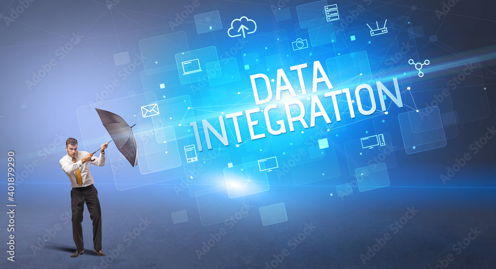 Businessman defending with umbrella from cyber attack and DATA INTEGRATION inscription, online security concept Businessman defending with umbrella from cyber attack and DATA INTEGRATION inscription, online security concept