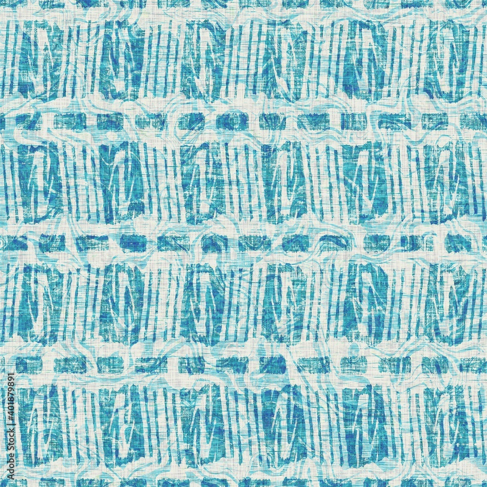 Teal blue check weathered grunge nautical texture background. Summer coastal living style home decor tile. Square grid irregular grunge material. Worn turquoise dyed beach textile seamless pattern.

