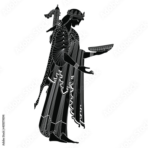Ancient Greek goddess Artemis holding bowl. Black and white silhouette.