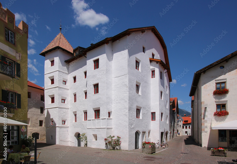 Renovated renaissance Gasthof Krone house in the center od the old town of Glurns in Vinschgau region, South Tyrol in Italy
