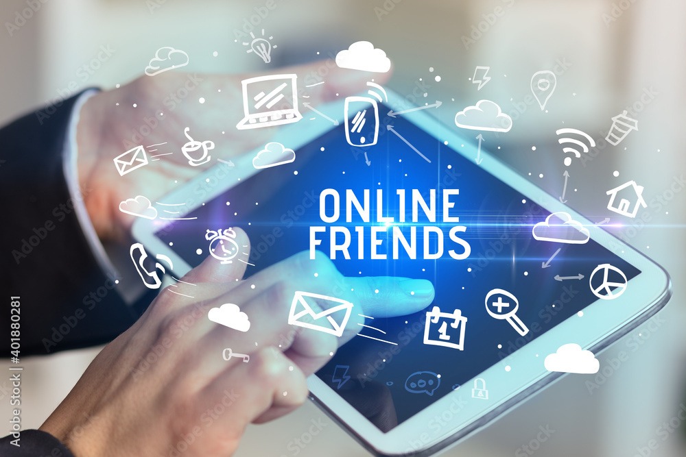 Fototapeta premium Close-up Of A Person Using Social Networking with ONLINE FRIENDS inscription