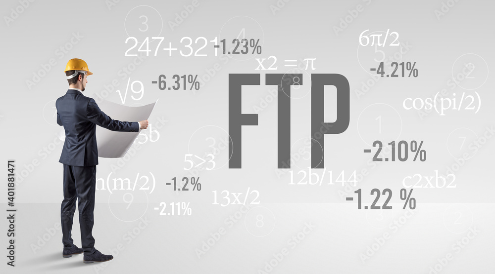 Technology Engineer in hard hat with FTP abbreviation Technology Engineer in hard hat with FTP abbreviation
