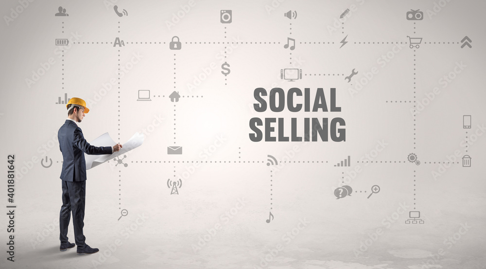 Engineer working on a new social media platform with SOCIAL SELLING inscription concept Engineer working on a new social media platform with SOCIAL SELLING inscription concept