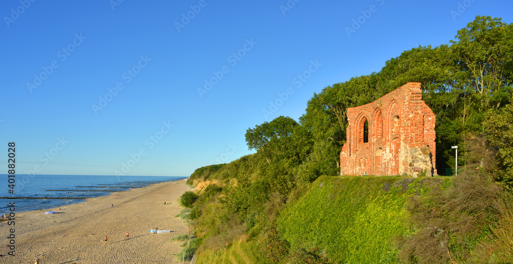 Panorama of the baltic sea landscape in Poland with the church ruins in Trzesacz