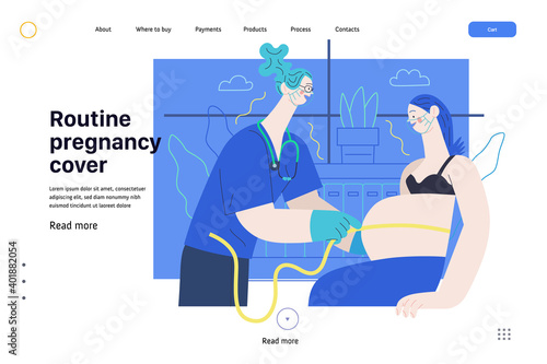 Medical insurance web page template -routine pregnancy cover -modern flat vector concept digital illustration - pregnant woman at obstetrician reception, tape measuring process, medical insurance plan