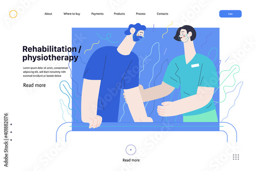 Medical insurance web page template- rehabilitation and physiotherapy -modern flat vector illustration -physiotherapist helps patient walking using training parallel bars, medical office, laboratory