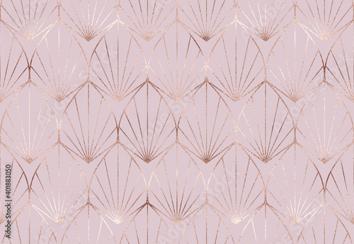 Art deco seamless pattern with rose gold decorative leaf tile.