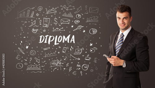 Businessman thinking with DIPLOMA inscription, business education concept