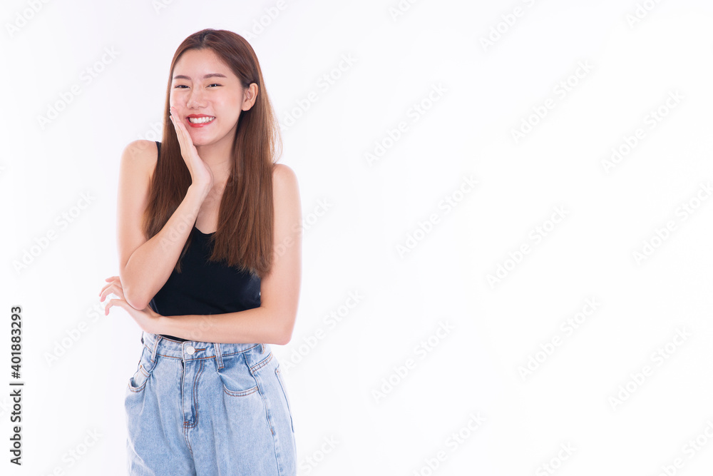 Cheerful smile young women wear t-shirt and jeans holding hand on her head while think good ideas something over isolated white background. Lifestyle concept. Cheerful smile young women wear t-shirt and jeans holding hand on her head while think good ideas something over isolated white background. Lifestyle concept.