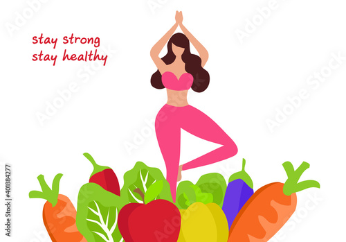 Stay strong stay healthy, woman doing yoga exercise with vegetables and fruits vector illustration. Healthy lifestyle concept 