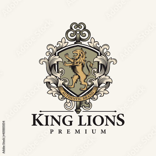 Heraldic lion and key luxury vector template