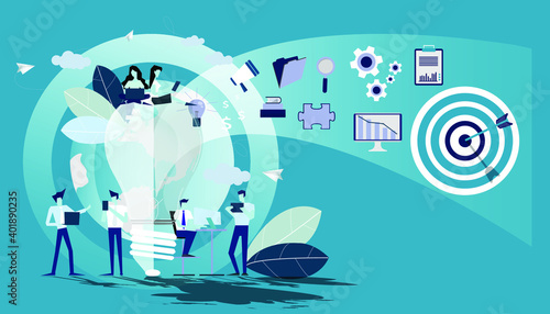 Business team Brainstorm is working Idea concept   illustration vector,Office Work,light bulb,darts shoot Into crotch for success,set icon.