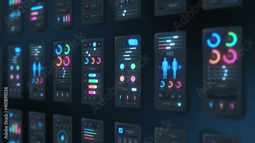 Hi tech panel of medical application on dark background. Medical and health concept. UI, UX, GUI mobile screens modern infographic. Loop animation.