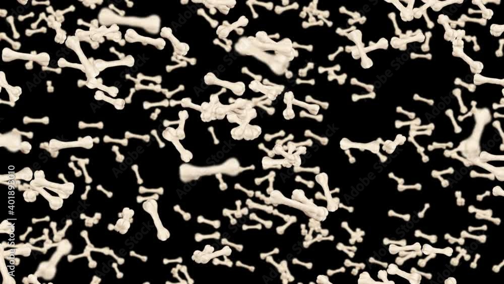 Flying many bones on black background. Dog bone icon. Pet food. 3D animation of bones rotating. Loop animation. Flying many bones on black background. Dog bone icon. Pet food. 3D animation of bones rotating. Loop animation.