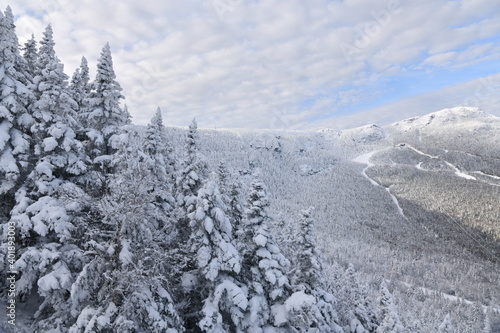 Stowe Ski Resort in Vermont, view to the Mansfield mountain slopes, December fresh snow on trees early season in VT, panoramic hi-resolution image © FashionStock