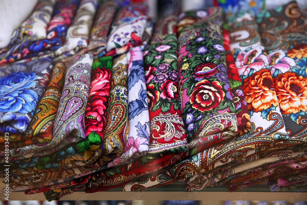 Russian women's shawls with floral pattern close-up