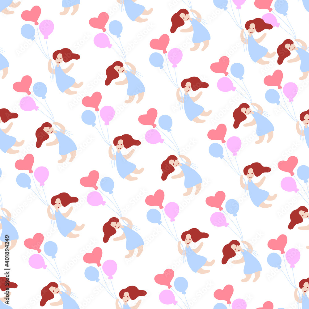 Brown haired girl fly in sky multicolor baloons Brown haired girl fly in sky multicolor baloons