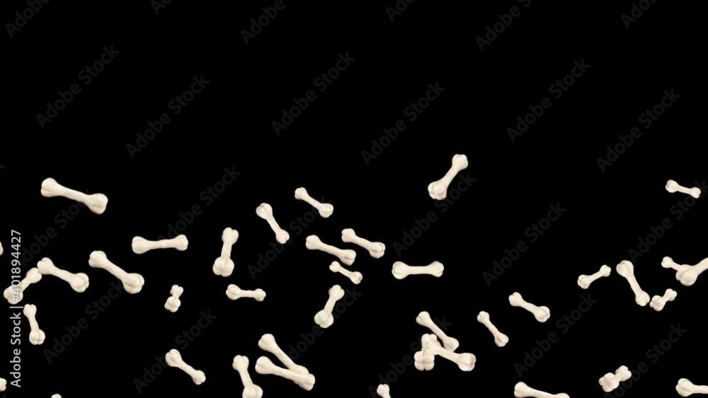Flying many bones on black background. Dog bone icon. Pet food. 3D animation of bones rotating. Loop animation. Flying many bones on black background. Dog bone icon. Pet food. 3D animation of bones rotating. Loop animation.