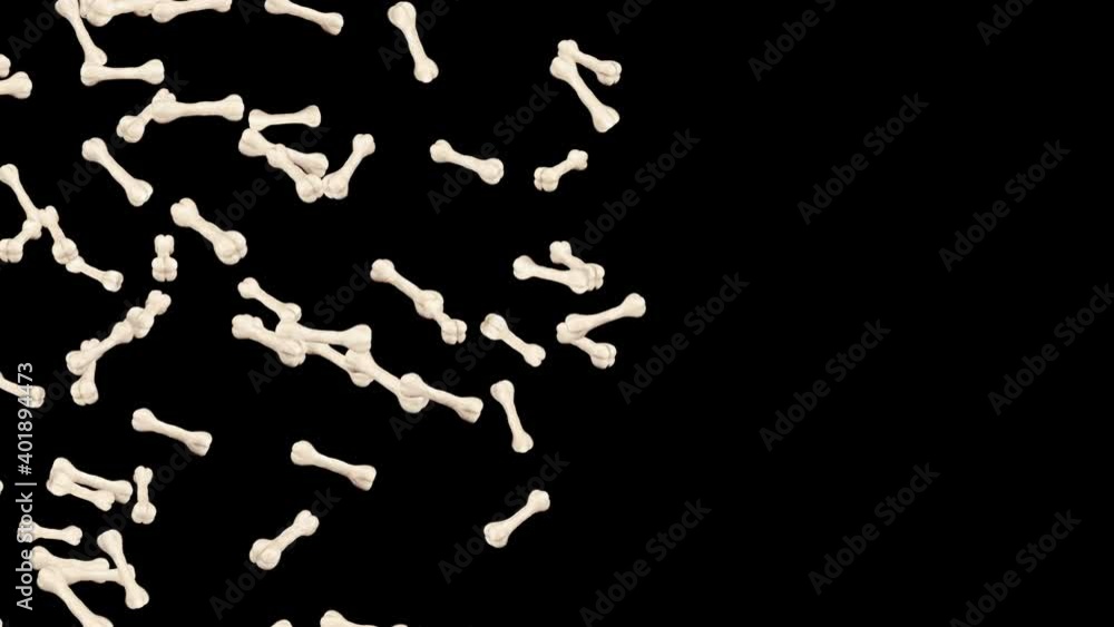 Flying many bones on black background. Dog bone icon. Pet food. 3D animation of bones rotating. Loop animation. Flying many bones on black background. Dog bone icon. Pet food. 3D animation of bones rotating. Loop animation.