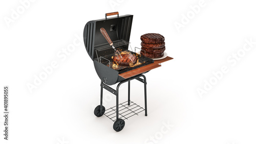 hamburgers cooking on grill with flames. 3d rendering photo